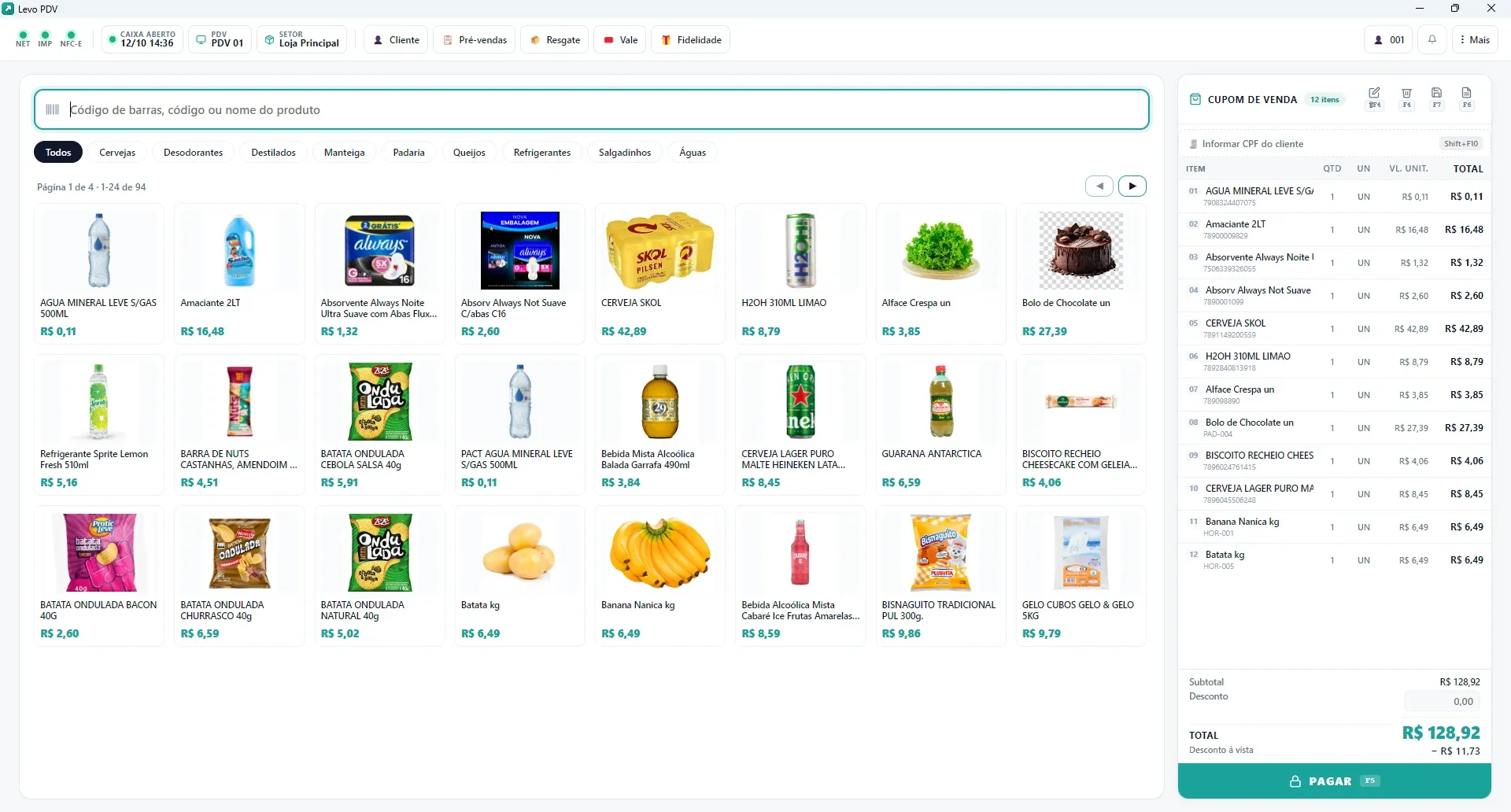 Frente de caixa do Levo com grade de produtos e cupom de venda