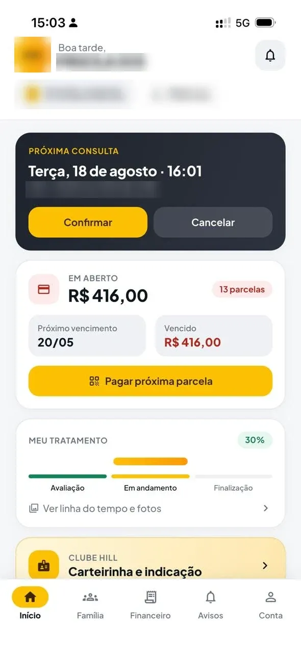 Tela inicial do aplicativo do paciente com próxima consulta e parcelas